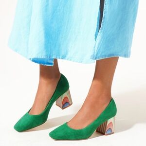 Charlotte Stone - Estee Grass Green Suede & Rainbow Stripe Wood Block Heels